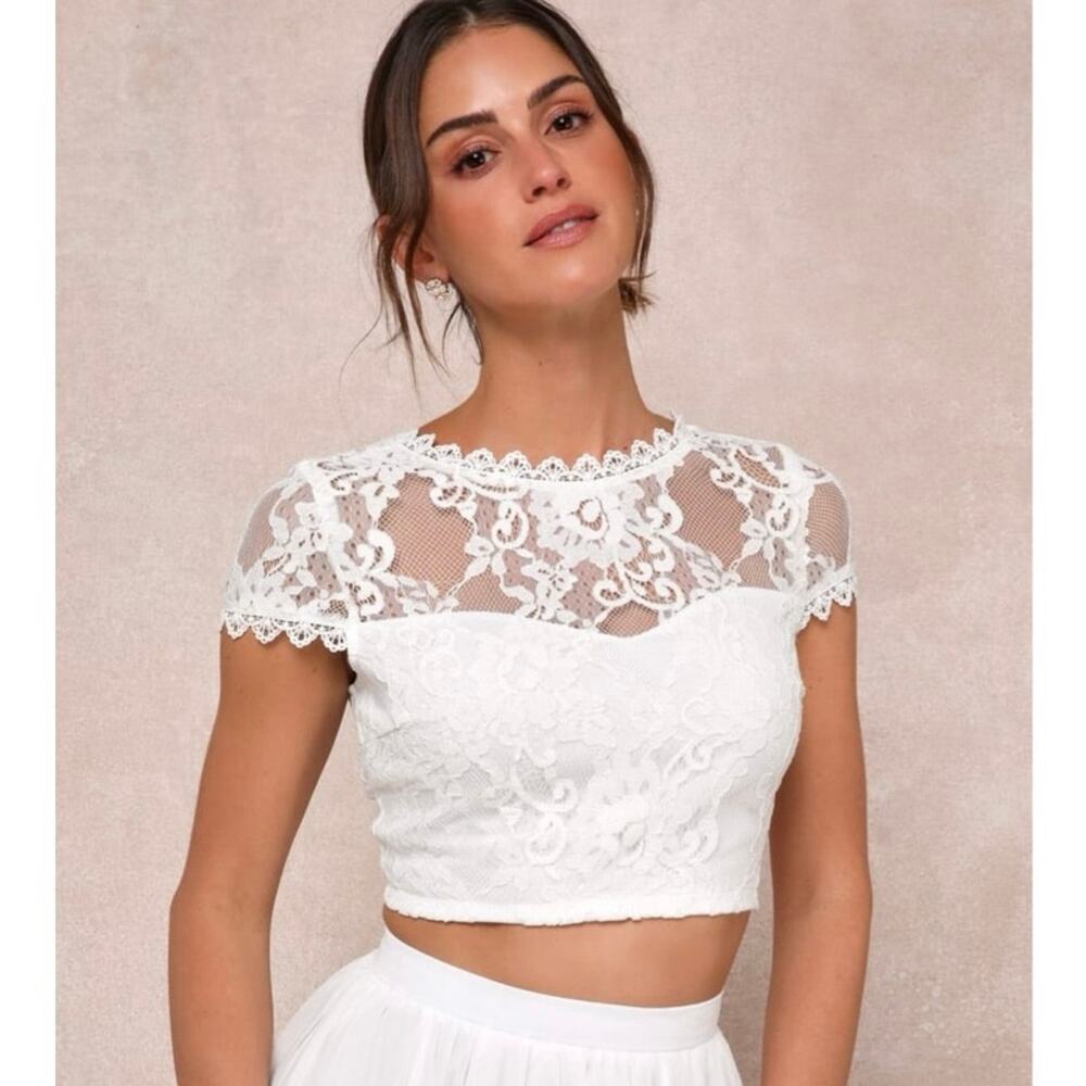 Lulus White Floral Lace Crop Top Bridal Coquette Romantic Size S